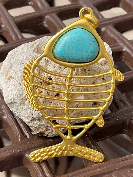 PENDANT FISH MATTE GOLD WITH TURQUOISE 95MM 1 PC