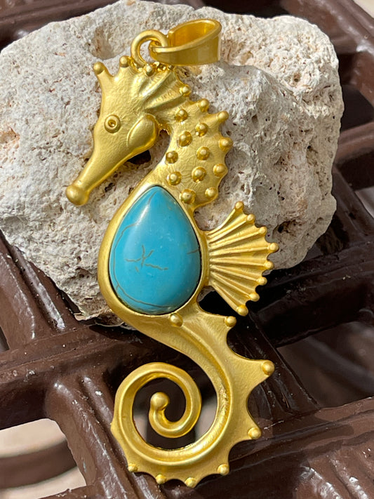 PENDANT SEA HORSE MATTE GOLD TURQUOISE 90 MM 1 PC