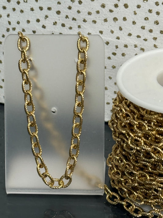 CABLE CHAIN STAINLESS STEEL GOLD PLATE 8X6MM TEXTURED PER FOOT
