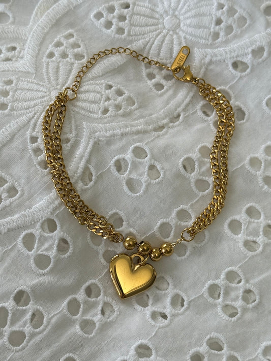 BRACELET STAINLESSS STEEL GOLD PLATE HEART CHARM 6.75 INCHES 1PC