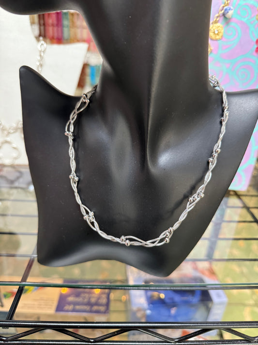 SNAKE CHAIN NECKLACE 3 STRANDS BRAID WITH ROUND PLATINUM BEADS