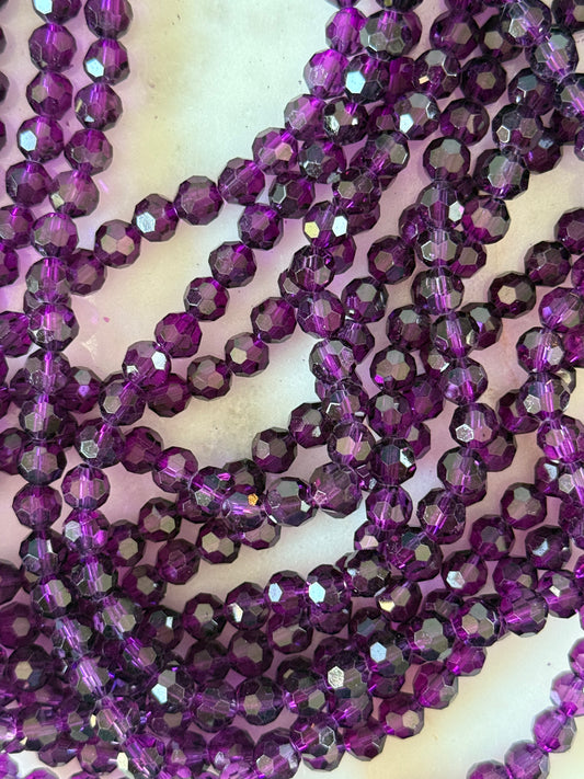 GLASS 6MM ROUND FACETED PURPLE 1 STRAND