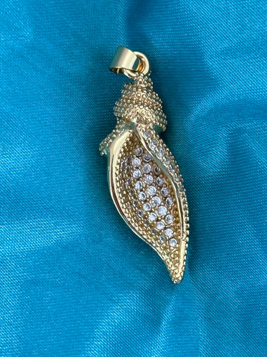 SHELL PENDANT 35X11MM GOLD PLATED 18KT CUBIC ZIRCONIA PAVE 1 PC