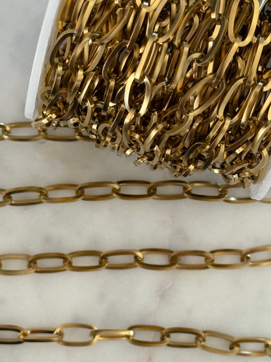 CHAIN PAPERCLIP 12X6MM STAINLESS STEEL GOLD PLATED 18KT PER FOOT
