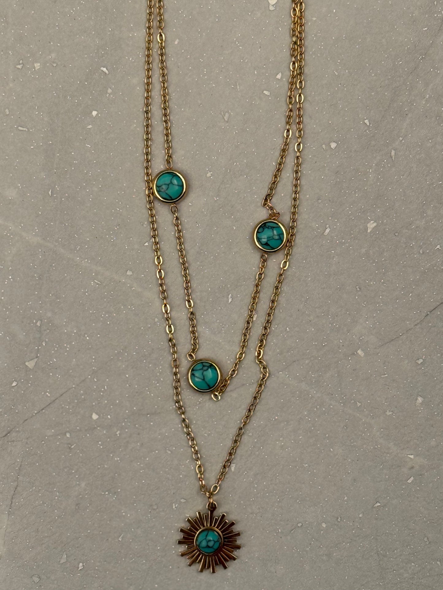 NECKLACE CHAIN 2 LAYERS WITH TURQUOISE CONNECTOS AND SUN PENDANT