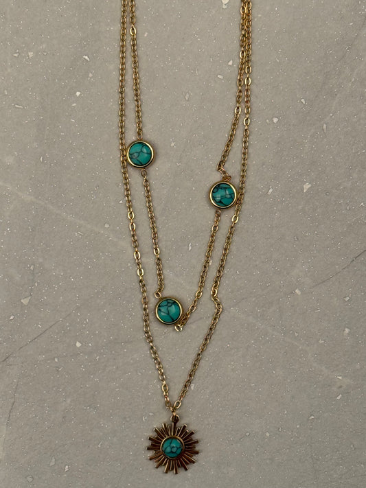 NECKLACE CHAIN 2 LAYERS WITH TURQUOISE CONNECTOS AND SUN PENDANT