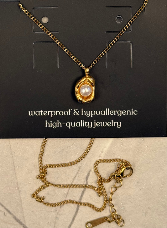 NECKLACE CHAIN DELICATE WITH GOLD NUGGET PENDANT AND PEARL 1 PC