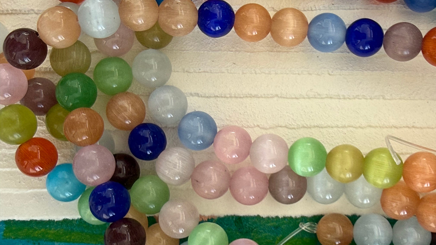 CAT'S EYE GLAASS ROUND 8MM OPAL MIX ABOUT 47 BEADS PER 1 STRAND