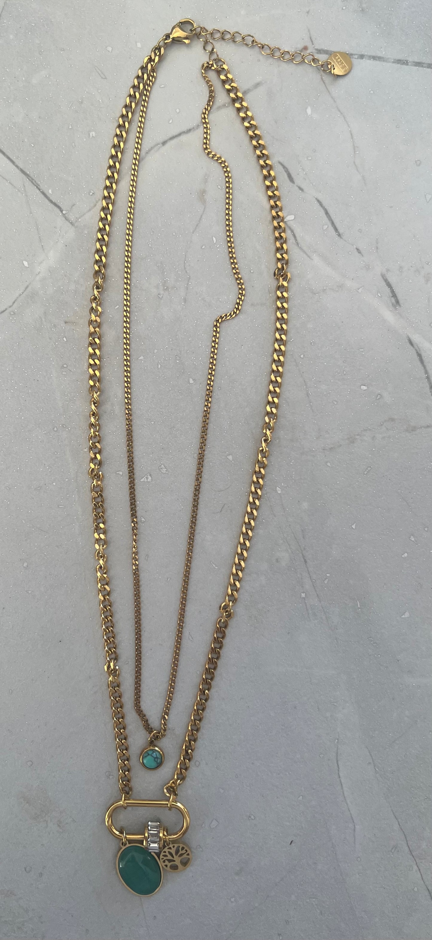 NECKLACE CHAIN GP 18KT 2 LAYERS CHARMS WITH GREEN CUBIC ZIRCONIA