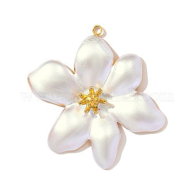 PENDANT FLOWER 40MM WHITE ENAMEL STAINLESS STEEL GOLD PLATE 18 KT 1 PC