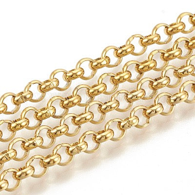 CHAIN STAINLESS STEEL GOLD PLATED 18 KT ROLO LINK 4X1.5MM SOLD PER FOOT