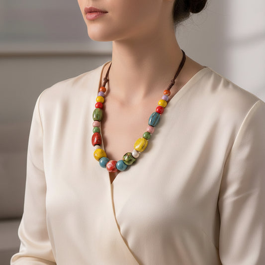 NECKLACE CERAMIC LARGE COLORFUL BEADS BROWN KNOTTED CORD