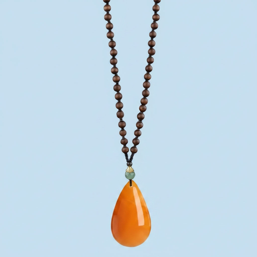 NECKLACE WOOD ROUND BEADS AND ORANGE PENDANT 1 PC