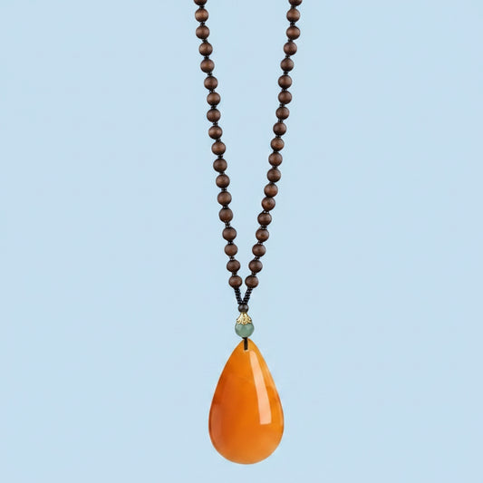 NECKLACE WOOD ROUND BEADS AND ORANGE PENDANT 1 PC