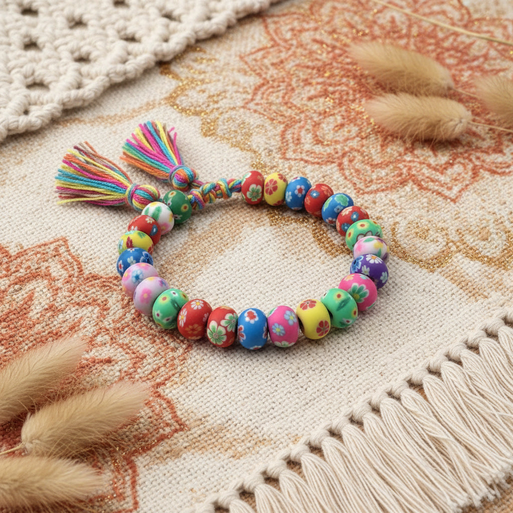 POLYMER CLAY RONDELLE 8MM MULTI PRINT ABOUT 60 BEADS PER 1 STRAND