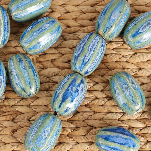 GLAZED CERAMIC 12X20MM ELLIPTICAL BEAD BLUE STRIPES 10 PC