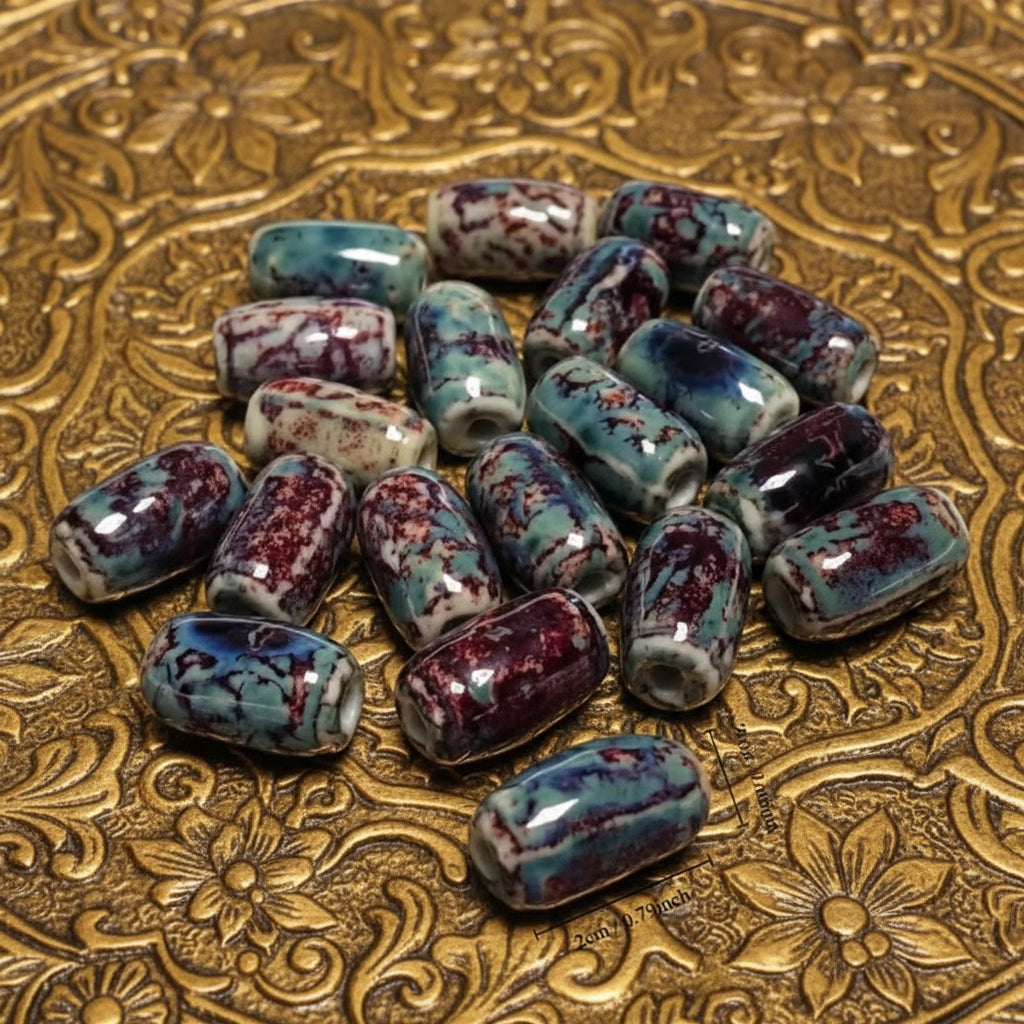 CERAMIC BARREL BEAD 20X12.5MM BURGUNDY AQUA 5 PC