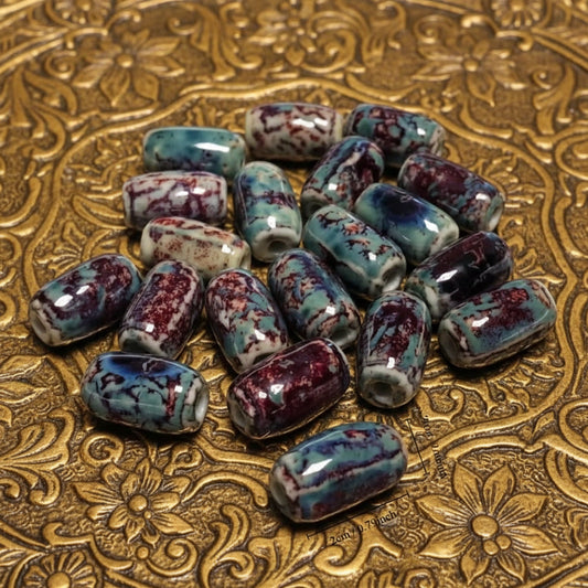 CERAMIC BARREL BEAD 20X12.5MM BURGUNDY AQUA 5 PC