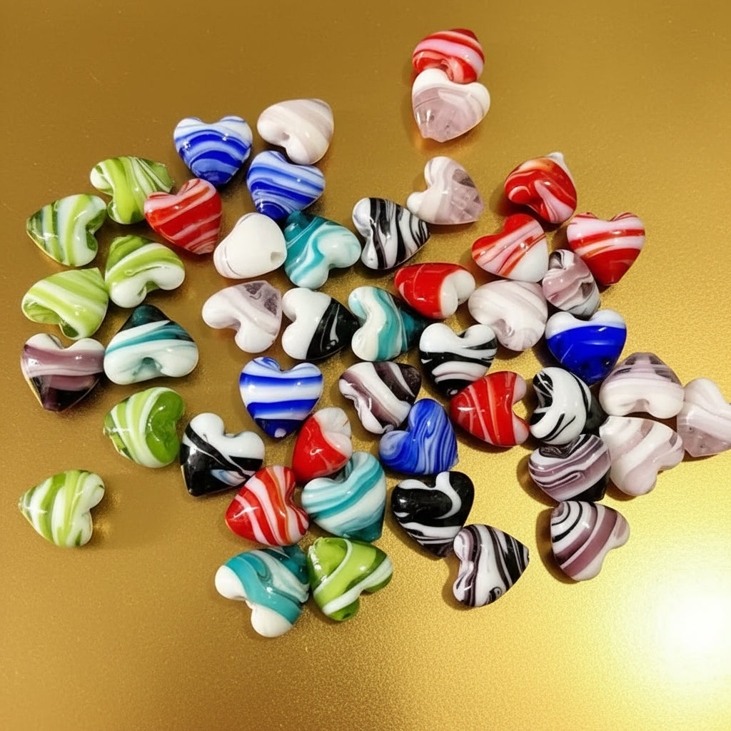 GLASS HEART 15X15MM WHITE WITH MIXED COLORED STRIPES 5 PC