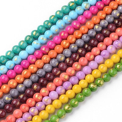 MASHAN JADE 12MM ROUND COLOR MIX WITH GOLD FOIL ABOUT 33 BEADS PER 1 STRAND