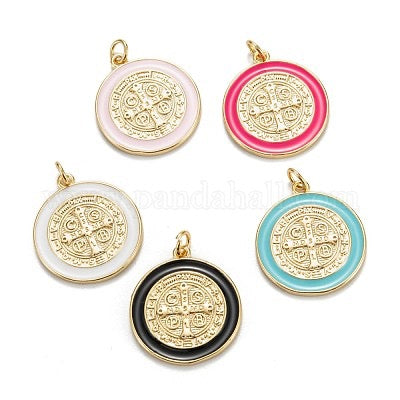 PENDANT MEDAL COLORED BORDER 23X20MM ST BENEDICT GOLD PLATE 18KT 1 PC
