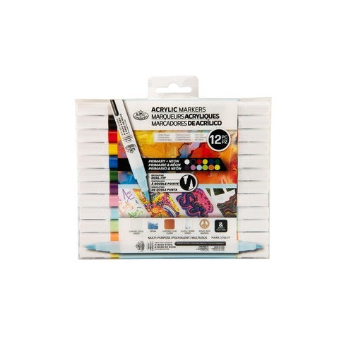 ACRYLIC MARKERS SET PRIMARY NEON COLORS BRUSH TIP 12 PC