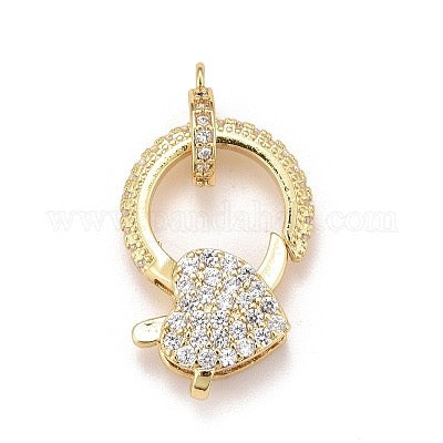 LOBSTER CLAW CLASP CUBIC ZIRCONIA PAVE HEART GOLD PLATED 18 KT 1 PC
