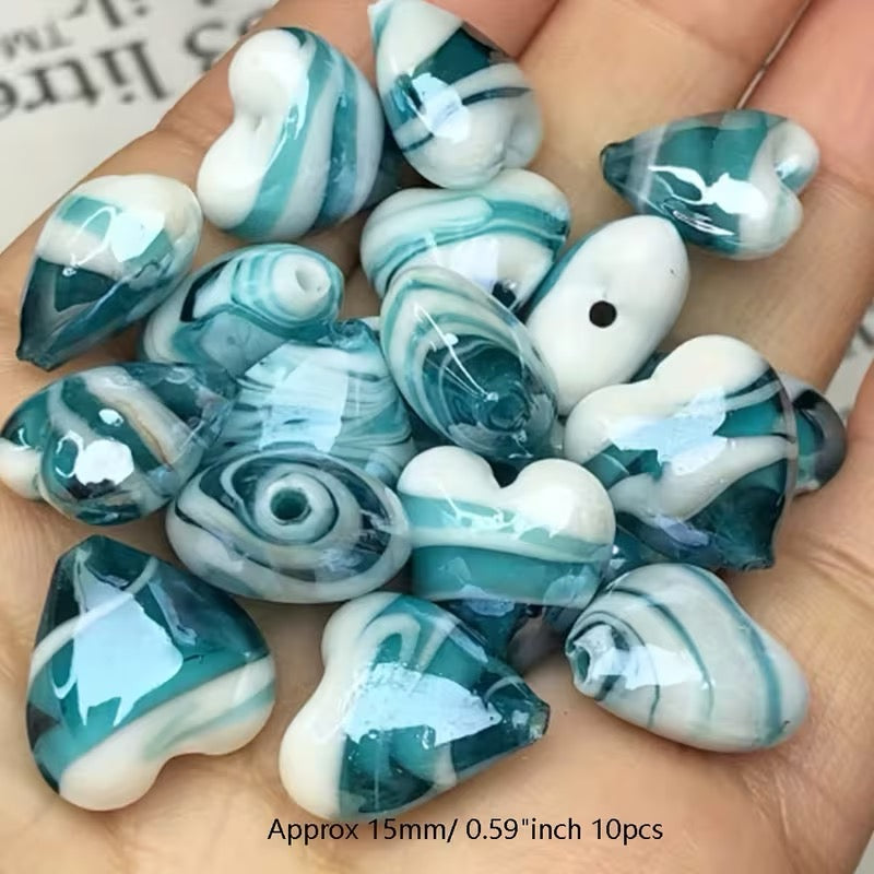 CZEZH GLASS HEART GREEN STRIPES 15MM 5 PC