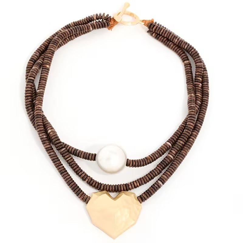 NECKLACE MULTILAYERED WOOD BEADS AND HEART 1 PC