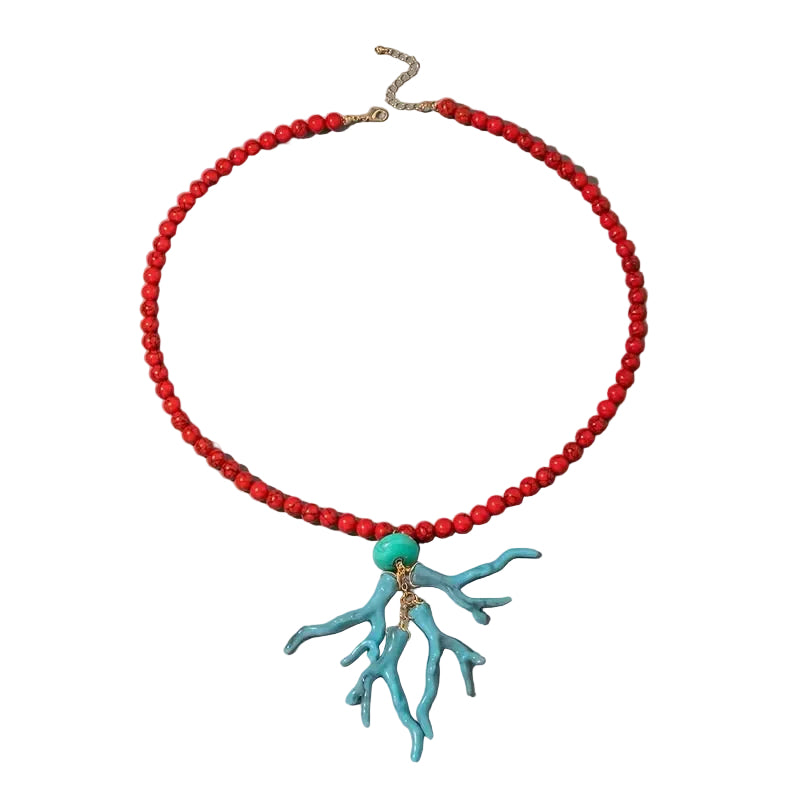 NECKLACE RED 8MM BEADS AND FAUX TURQUOISE CORAL BRANCHES