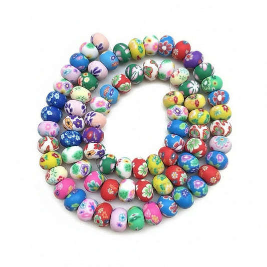 POLYMER CLAY RONDELLE 8MM MULTI PRINT ABOUT 60 BEADS PER 1 STRAND