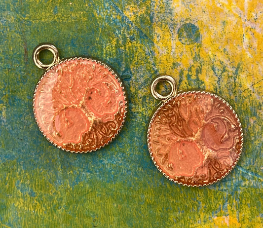 CHARM CIRCLE TREE OF LIFE GP ROSE GOLD OR EMERALD ENAMEL 2 PC