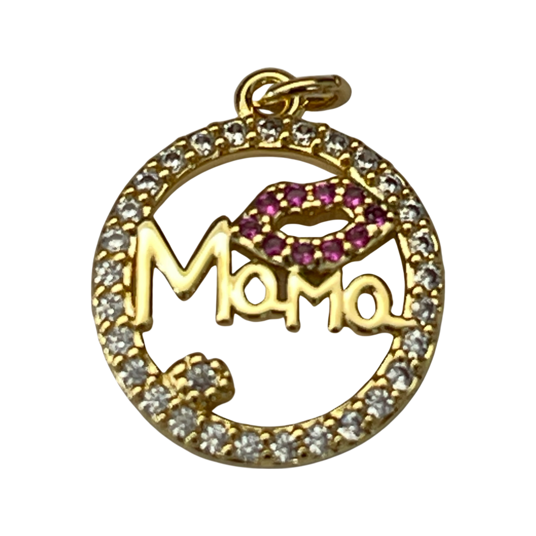 CHARM MAMA RED LIPS ROUND GP18KT PAVE 1 PC