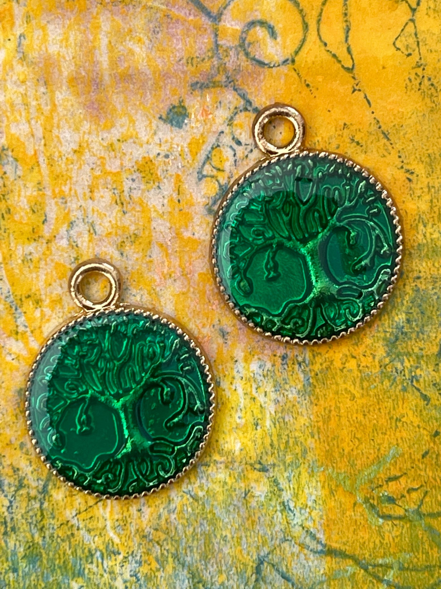 CHARM CIRCLE TREE OF LIFE GP ROSE GOLD OR EMERALD ENAMEL 2 PC