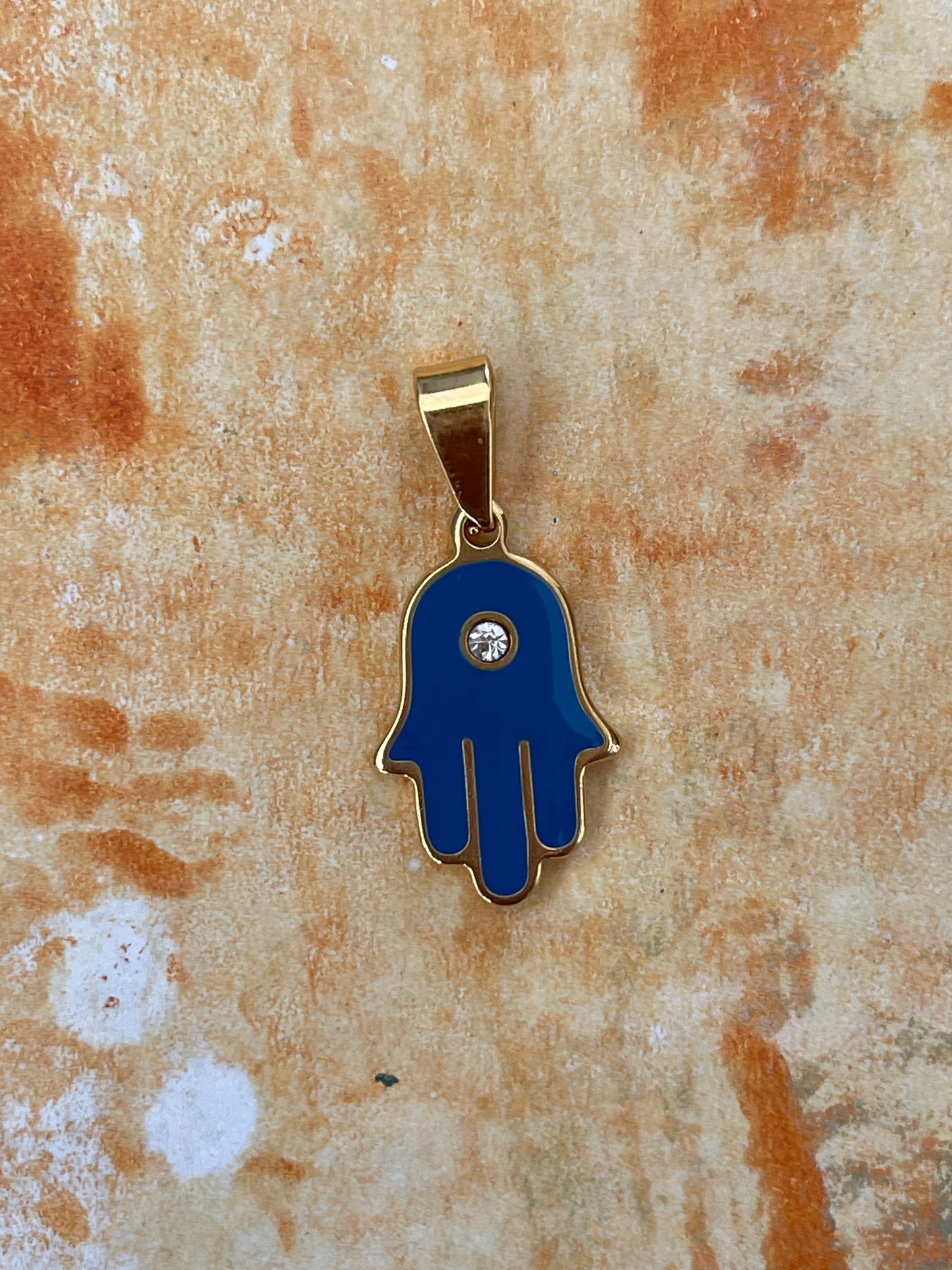 PENDANT HAMSA STAINLESS STEEL BLUE ENAMEL WITH ZIRCONIA AND BAIL PC