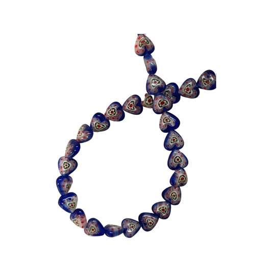 MILLEFIORE GLASS HEART 4X4 MM DARK BLUE 1 STRAND