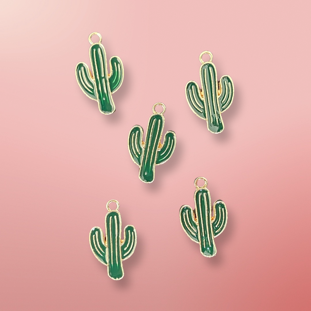 CHARM CACTUS GREEN ENAMEL GOLD PLATE 21 MM 5 PC
