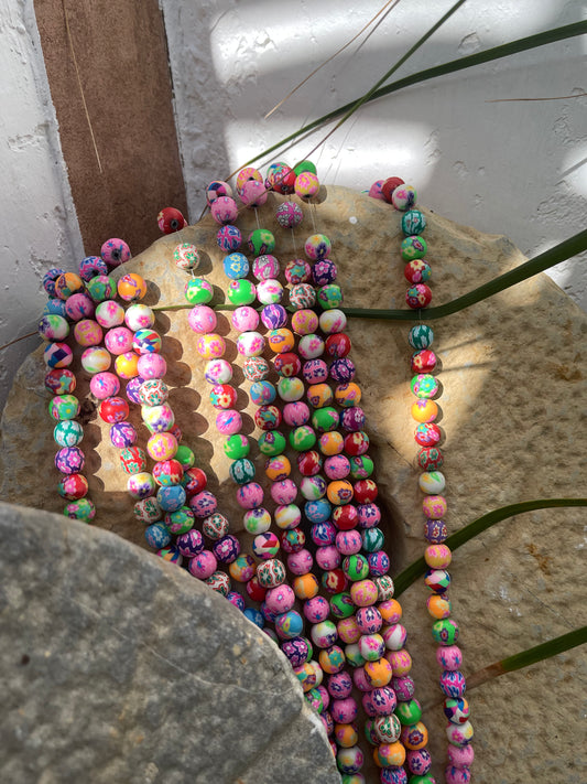 POLYMER CLAY BEAD 10 MM ROUND FLORAL DESIGN 1 STRAND