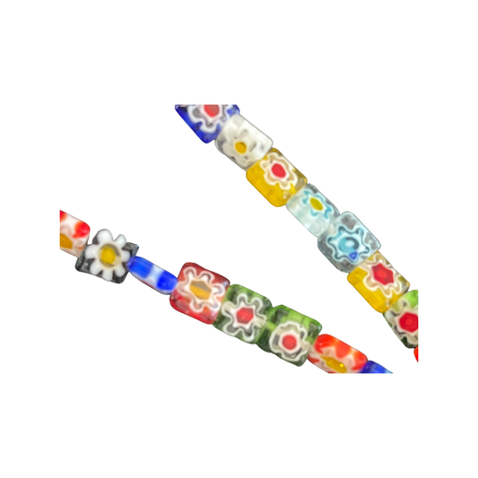 GLASS MILLEFIORI SQUARE 8X8 MM MIXED COLORS 1 STRAND