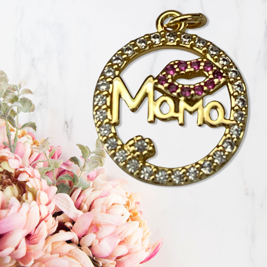 CHARM MAMA RED LIPS ROUND GP18KT PAVE 1 PC