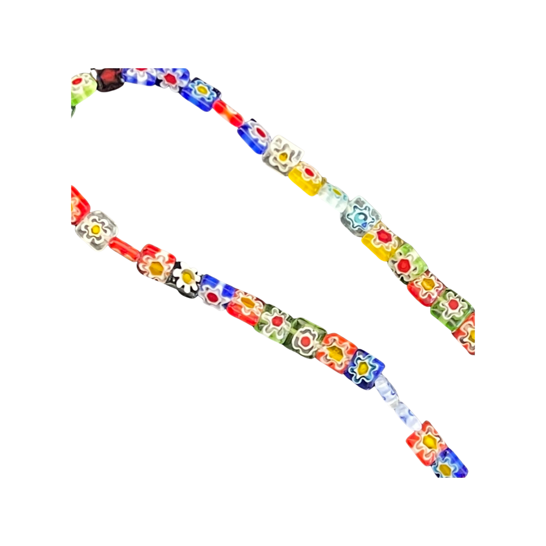 GLASS MILLEFIORI SQUARE 8X8 MM MIXED COLORS 1 STRAND