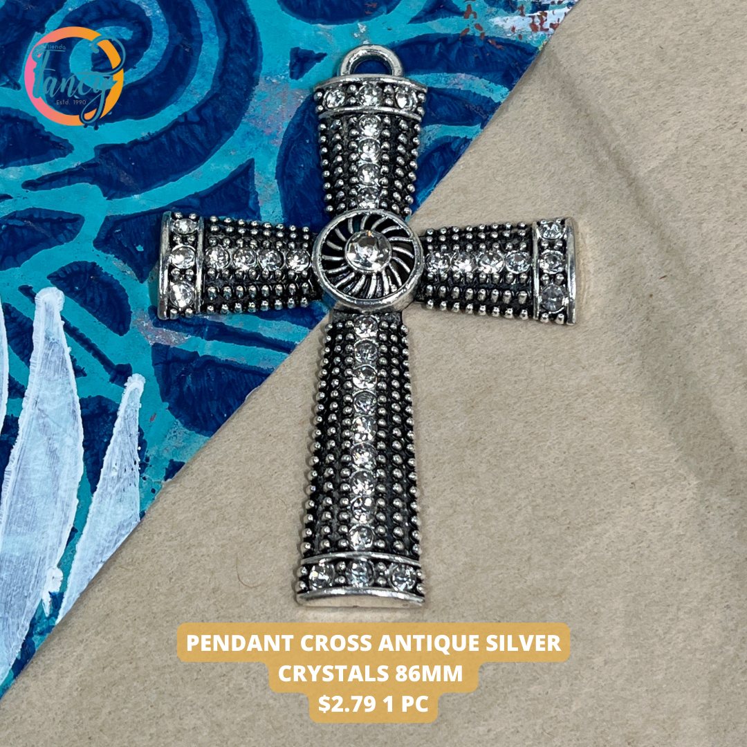PENDANT CROSS ANTIQUE SILVER CRYSTALS 86MM 1 PC
