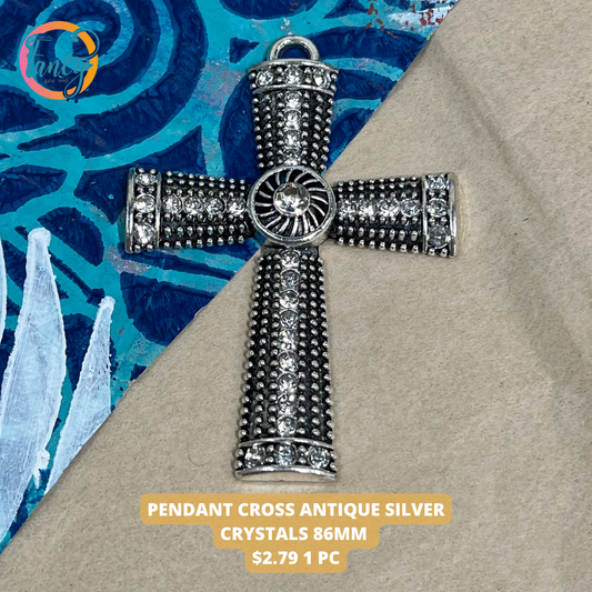 PENDANT CROSS ANTIQUE SILVER CRYSTALS 86MM 1 PC