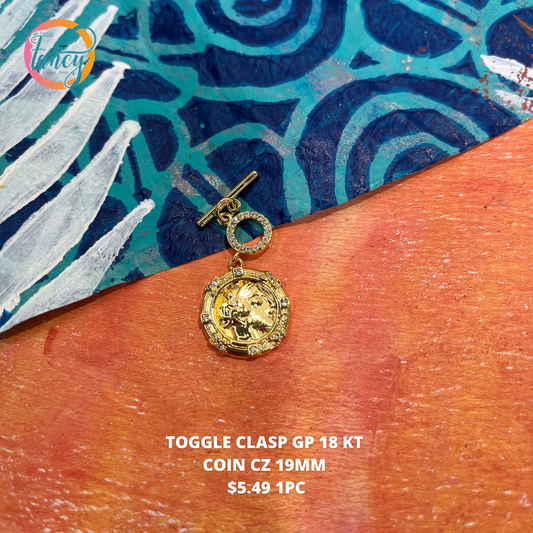 TOGGLE CLASP COIN Gold plate 18 KT cubic zirconia 19 mm 1 pc