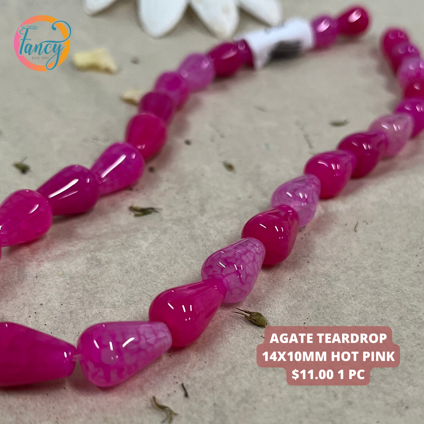 AGATE TEARDROP 14X10MM HOT PINK