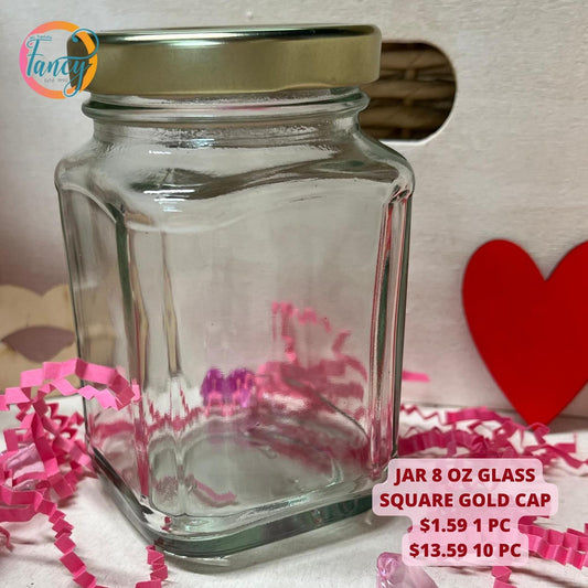 JAR 8 OZ GLASS SQUARE GOLD CAP