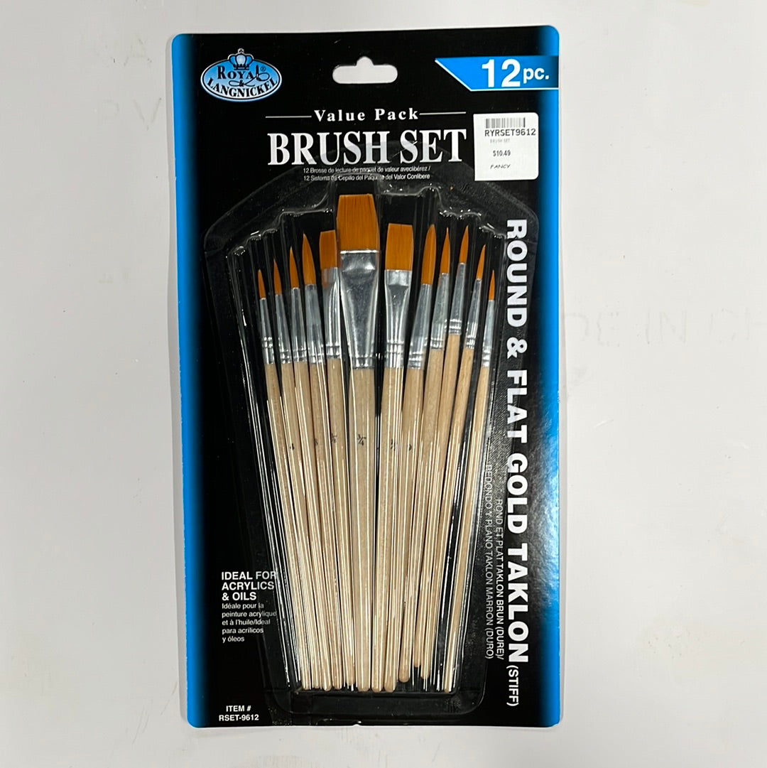 BRUSH SET FLATS AND ROUNDS GOLD TAKLON ROYAL LANGNICKEL 12 PC