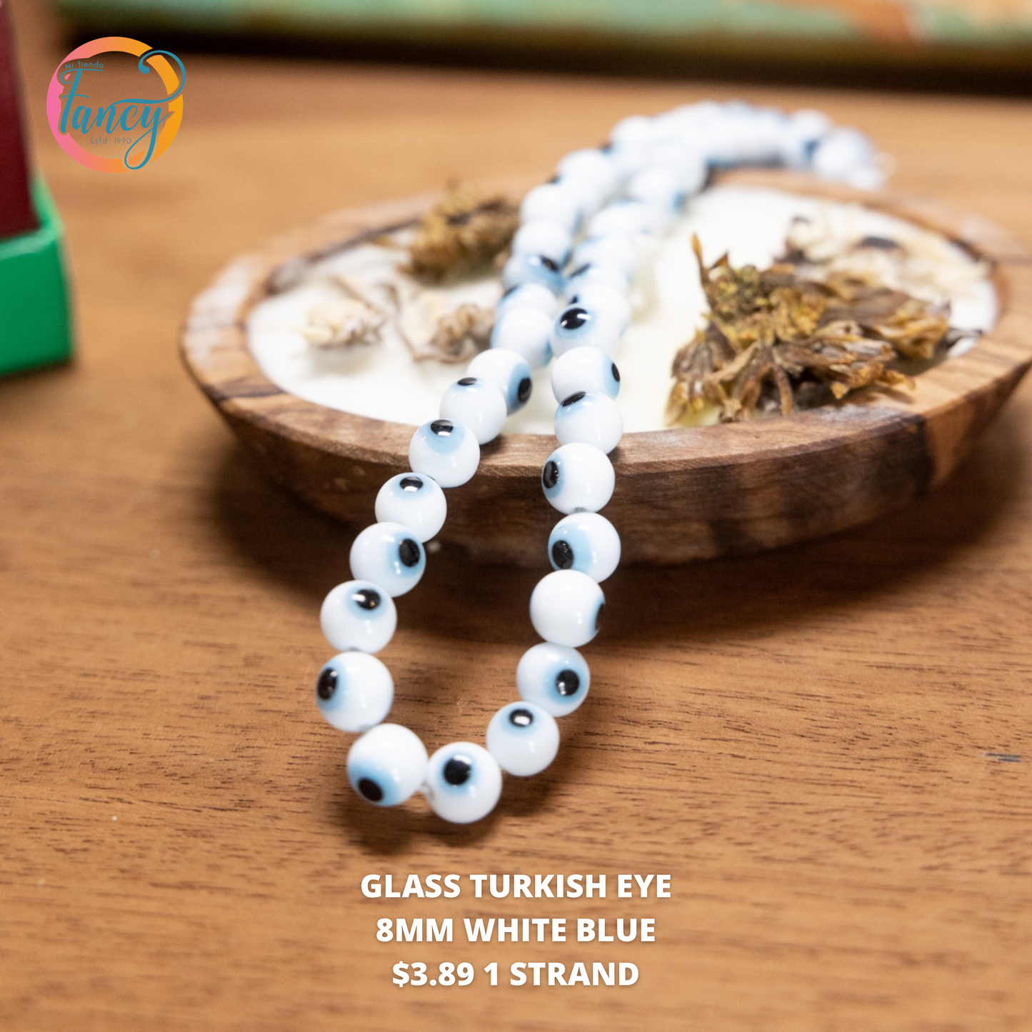 GLASS TURK EYE 8MM WHITE & BLUE