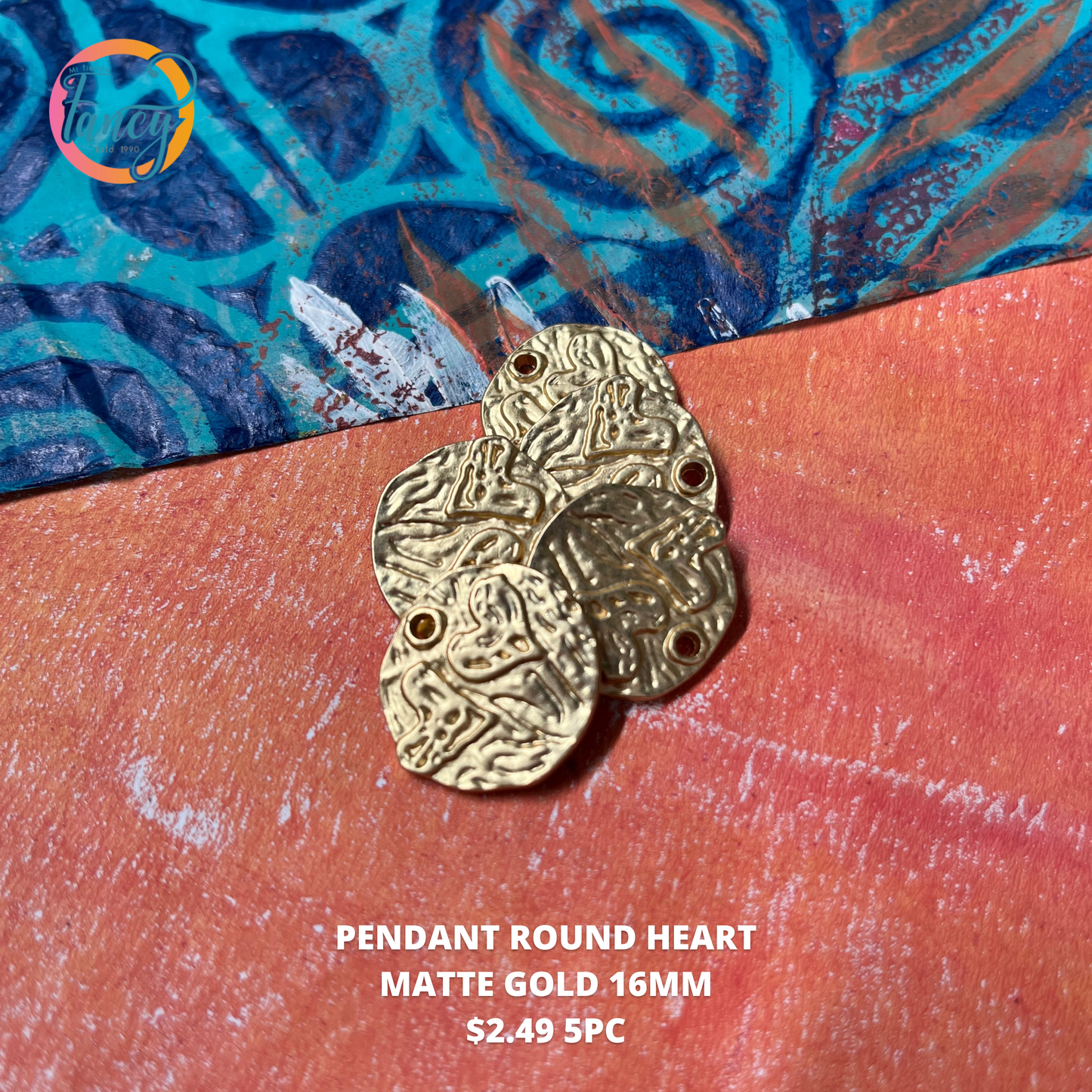 PENDANT ROUND HEART MATTE GOLD 16MM 5PC