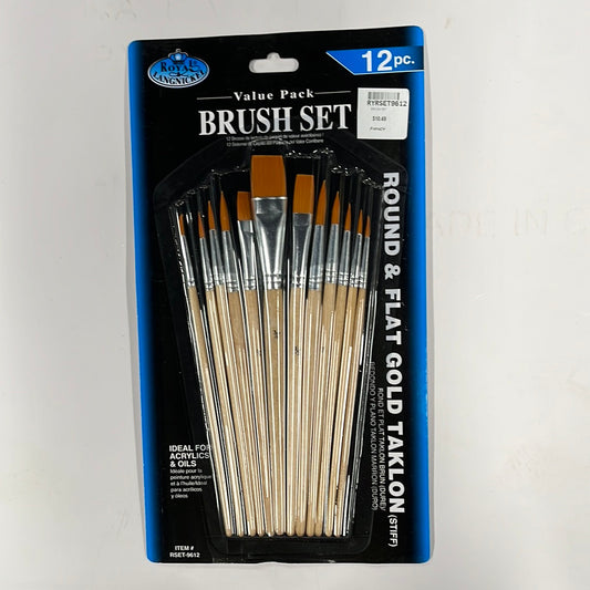 BRUSH SET ROUND AND FLAT SYNTHETIC GOLD TAKLON ROYAL LANGNICKEL 12 PC